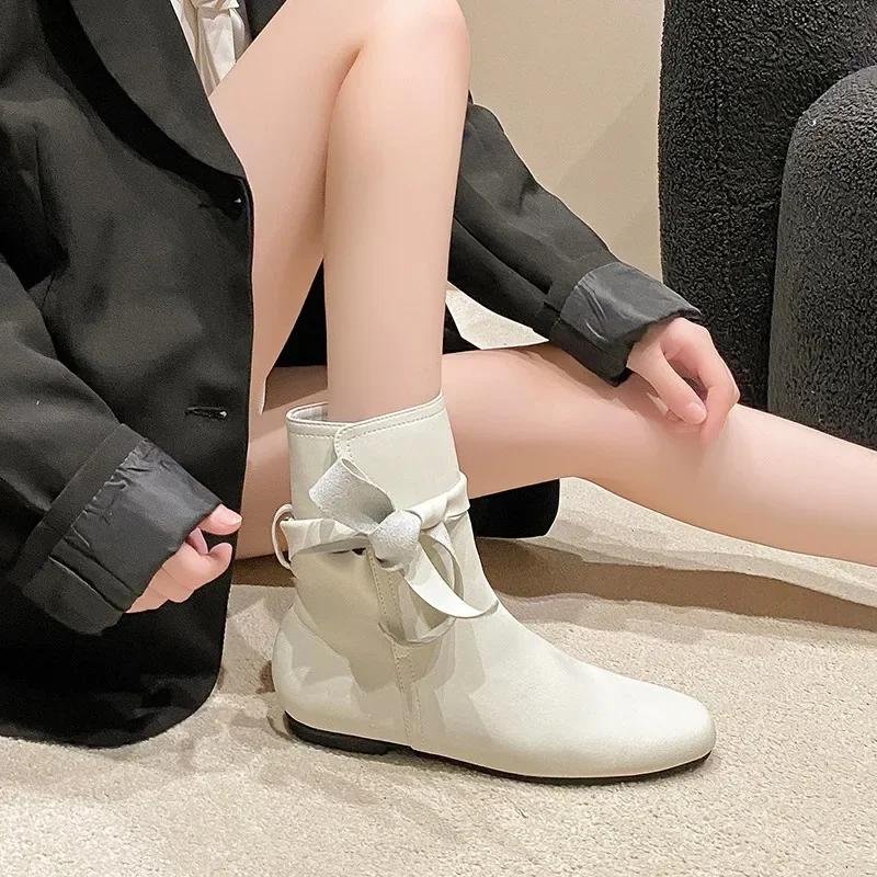 White Butterfly-knot Chelsea Ankle Boots Vintage Square Toe Flat Leather Low Heels Slip-on Shoes 2024 Women's Slim Western Boots