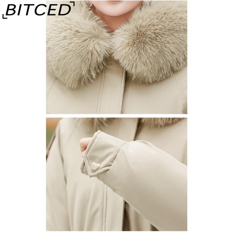 BITCED Fleece-Lined Thickened Down-Filled Cotton Coat for Women - Short Style Autumn/Winter Waist-Defining Design with Large Fur Collar