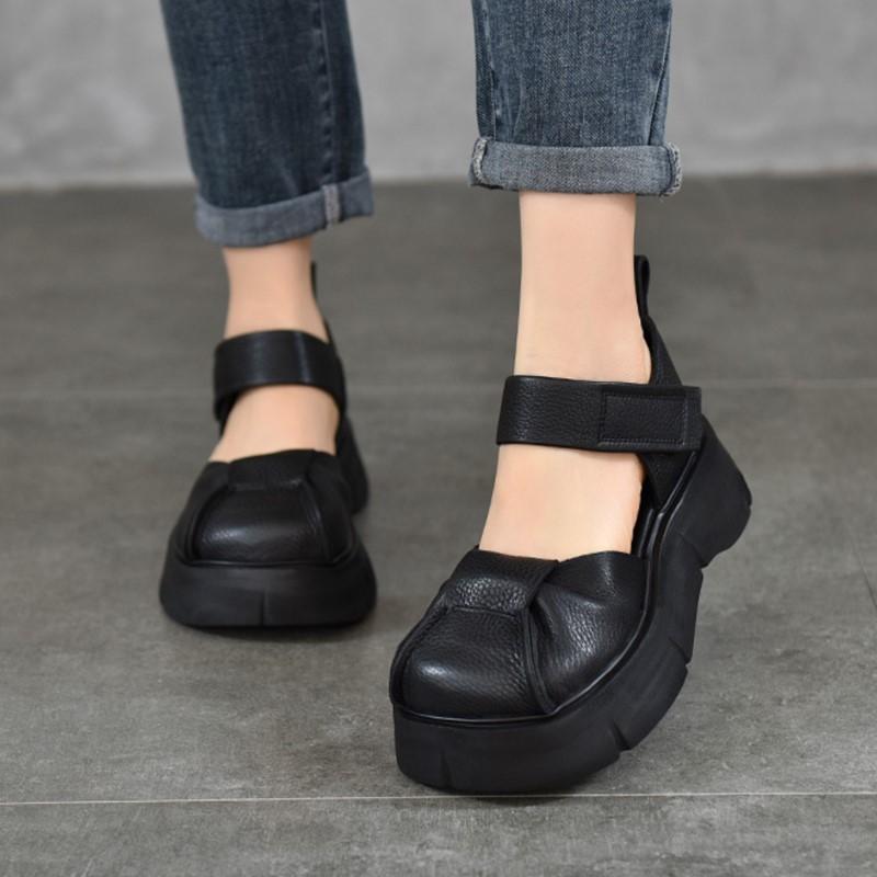 Johnature Retro Lightweight Thick Soled Sandals Genuine Leather Roman Women's Platform Shoes