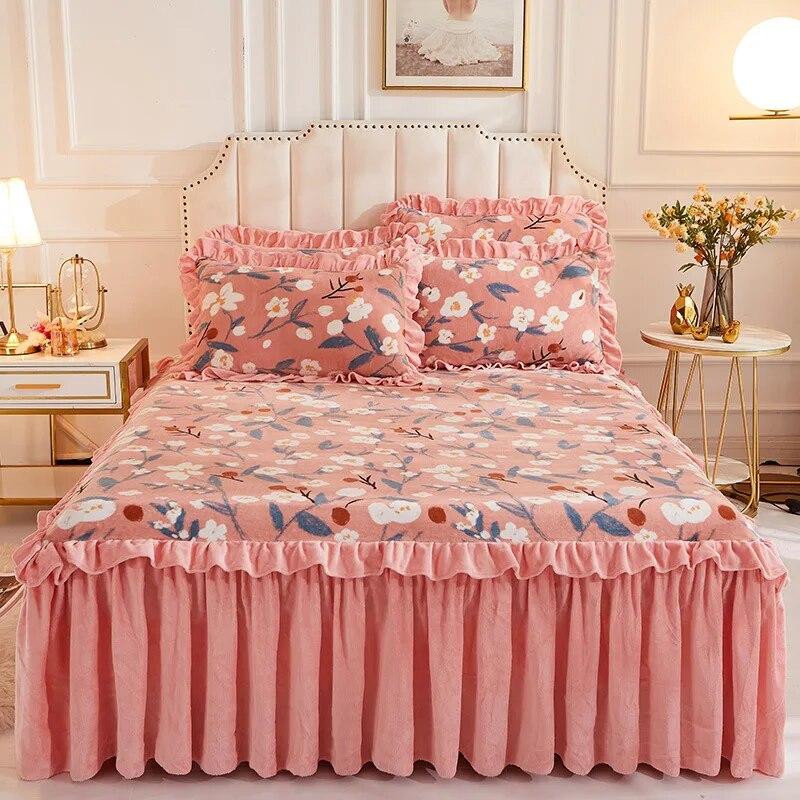 Winter Soft Smooth Velvet Thicken Bedspread High Grade King Queen Size Coral Fleece Quilted Bed Skirt Not Including Pillowcase