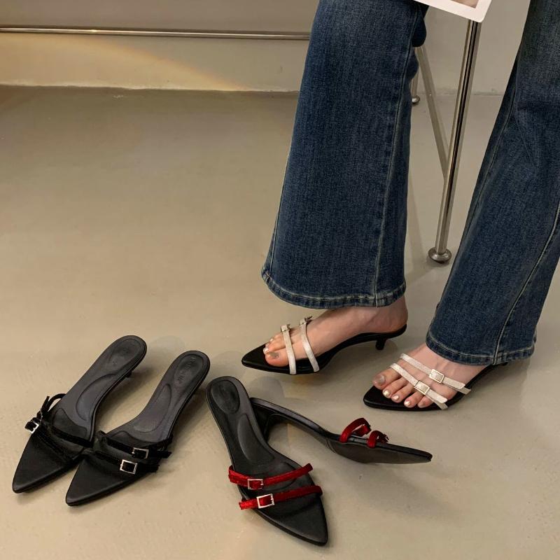 Summer Belt Buckle Design Ladies Low Heel Sandals Sexy Pointed Toe Narrow Strap Slippers Fashion Pumps for Women Zapatos Mujer