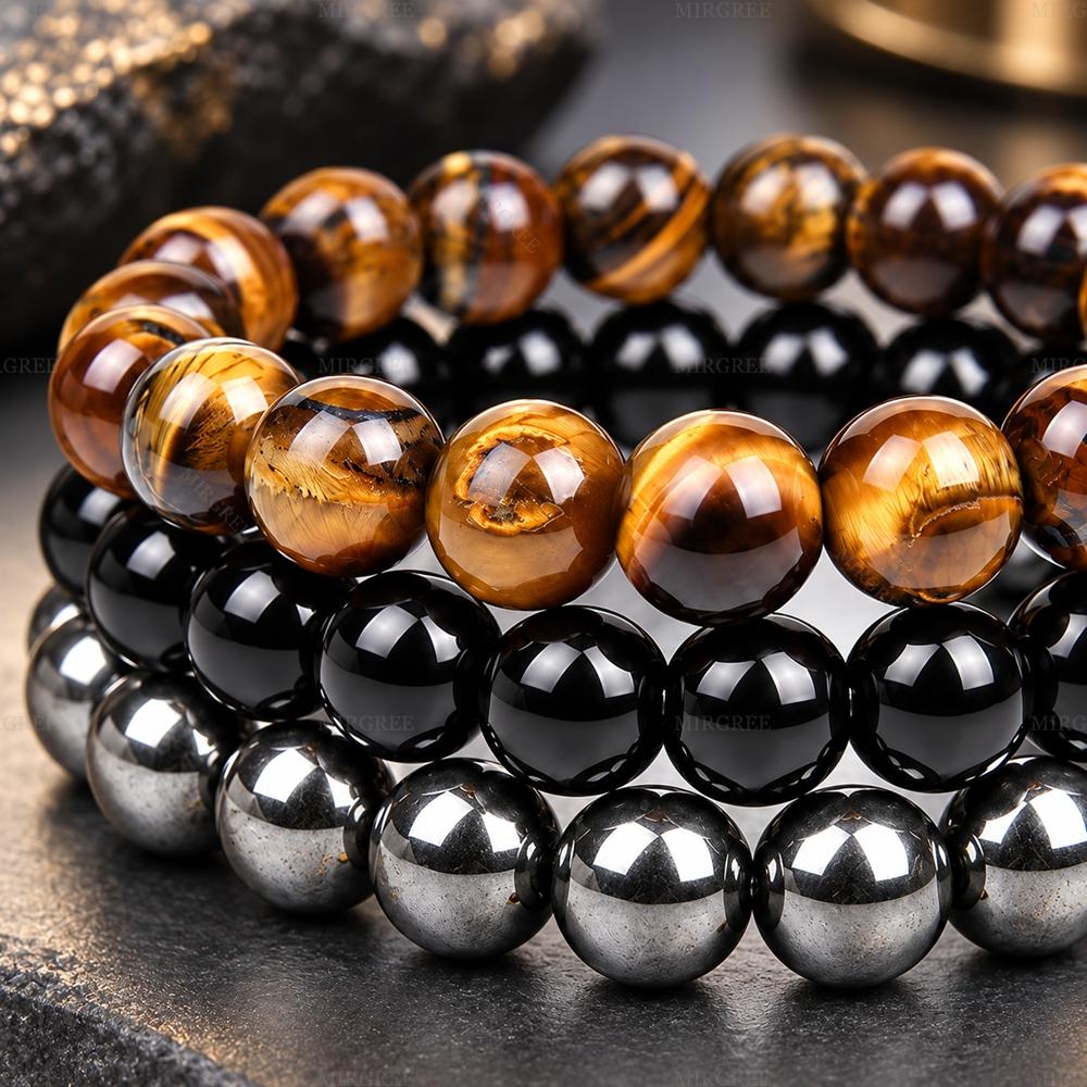 MIRGREE 3PCS/Set Natural Stone Beaded Bracelet Set for Men, Tiger Eye & Black Stretch Bracelets, Success, Focus & Confidence Inspired Jewelry Gift
