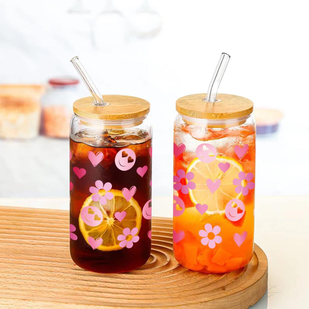 16oz Pink Purple Flower Pattern Clear High Borosilicate Drinking Glass Can With Lid And Straw Juice Coffee Bottles Summer Gift