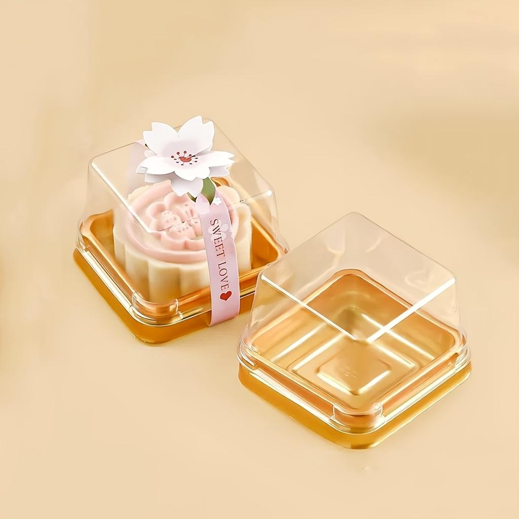 50pcs Dessert Egg-Yolk-Puff BoxTransparent Square Plastic Mooncake Dome Packaging Boxes, Moon Cake Container Baking Food Packing