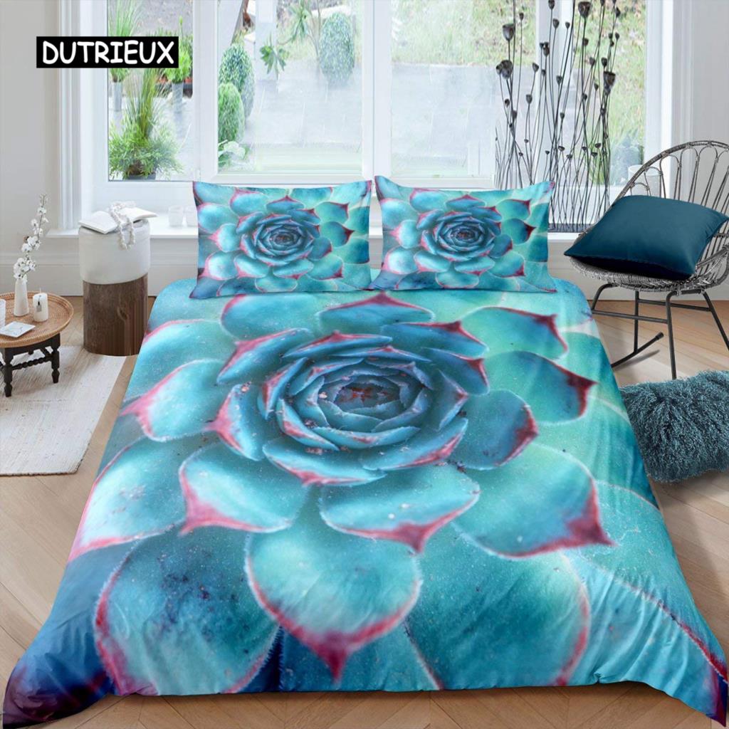 Sukkulenten Bettbezug Set Grüne Pflanze Tropisches Botanisches Bettwäsche Set Aquarellmalerei Stilvolles Naturthema Twin Quilt Cover