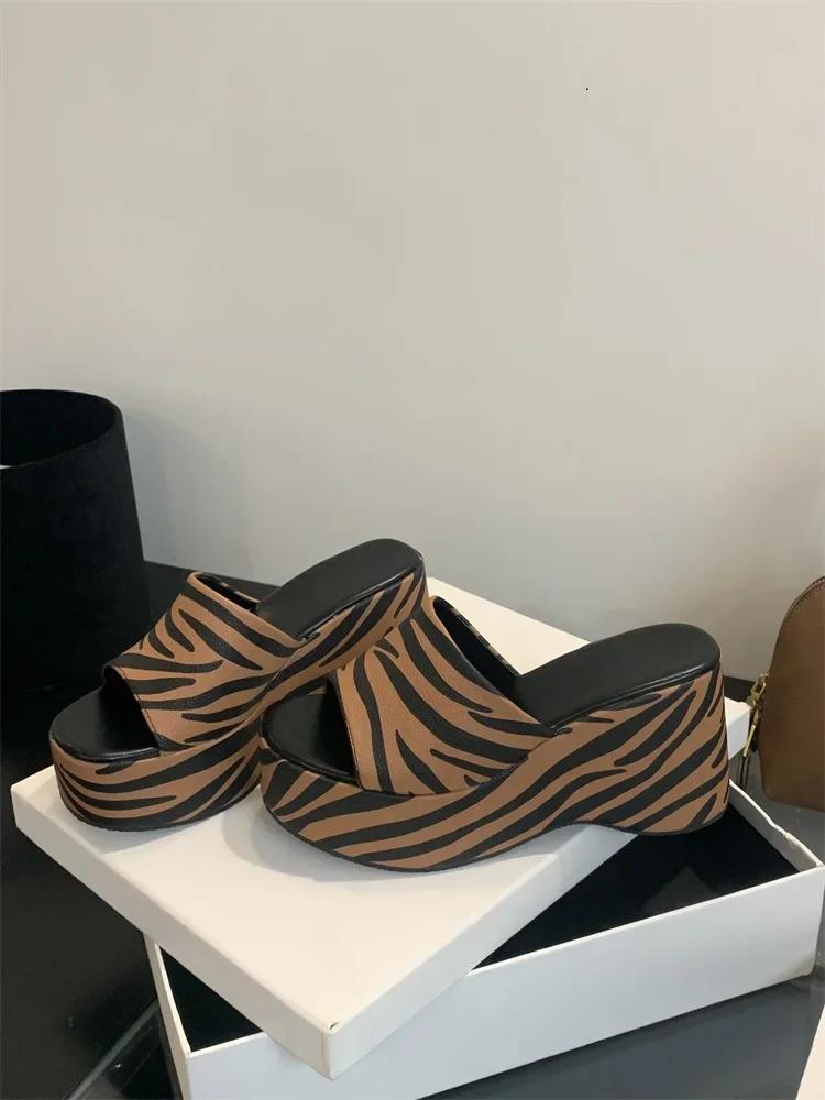 Eilyken Summer Design Platform Wedges Woman Slippers Zebra Stripes Thick Bottom Heels Banquet Slides Shoes