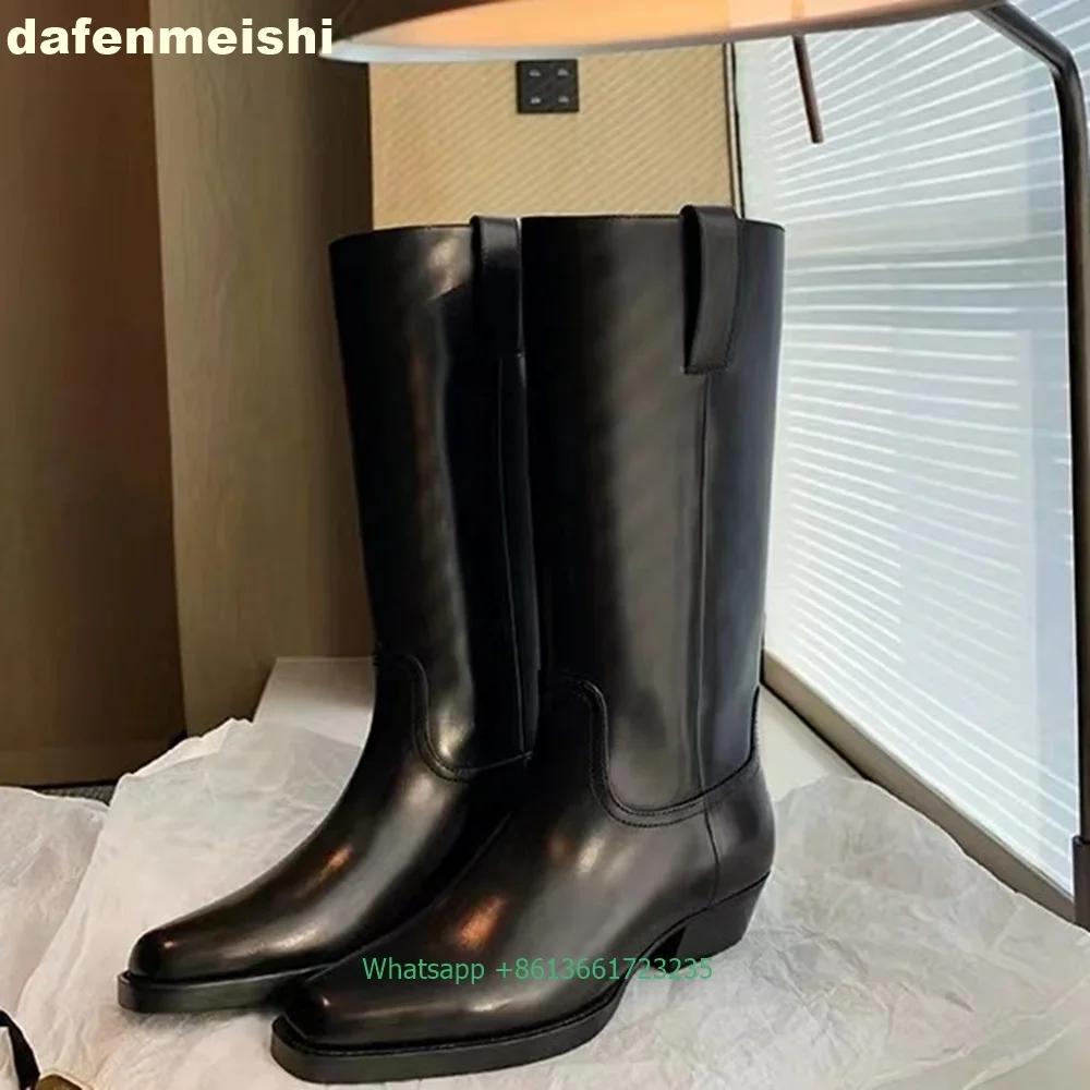 

Fashion 2025 Autumn Winter New Square Toe Thick Heel Thick Bottom Mid-Calf Boots Knee-High Long Boots Women Black Slip On Knight Boots 40