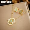 DIEYURO 316L Stainless Steel Golden Retro Hand Necklace Earrings Suit For Girl New Fashion Turquoise Jewelry Set Party Gift