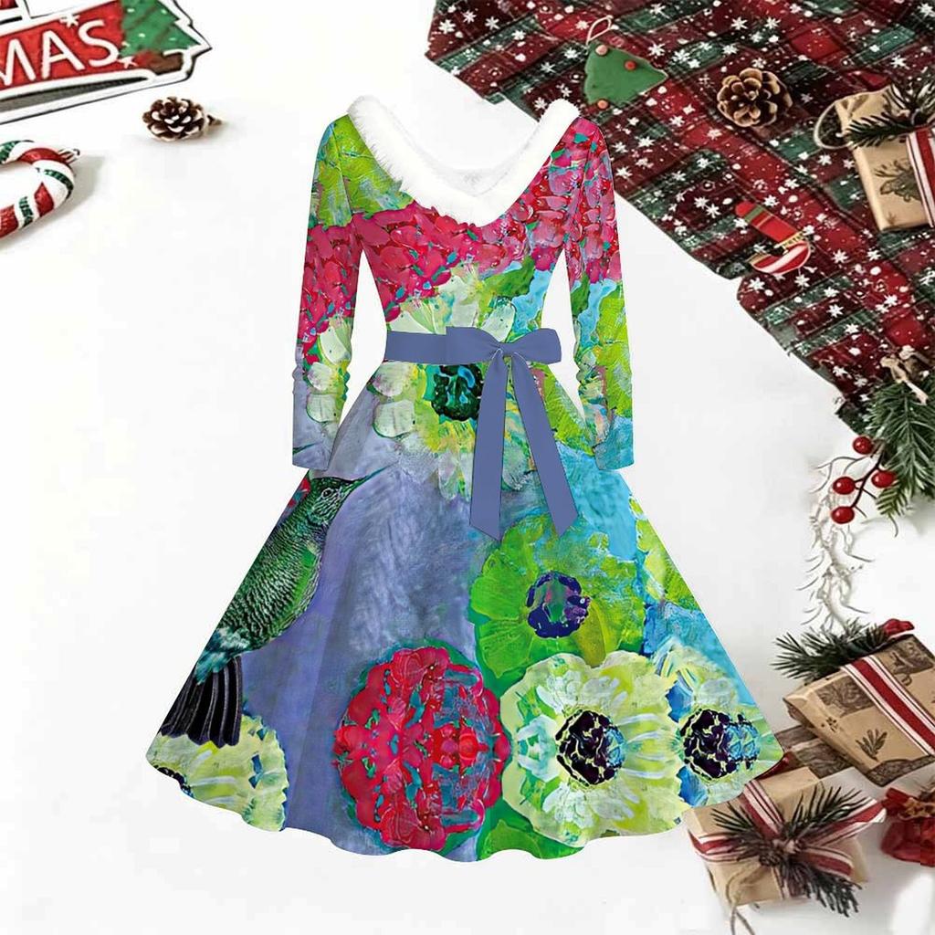 Women Floral Print Midi Dress, Long Sleeve V‑Neck Furry Trim A‑Line Party Dress, Christmas Limited Edition