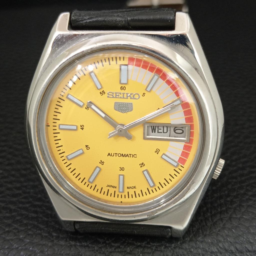 VINTAGE SEIKO 5 AUTOMATIC 7019A JAPAN MENS YELLOW COLOR DIAL WATCH a708558-1