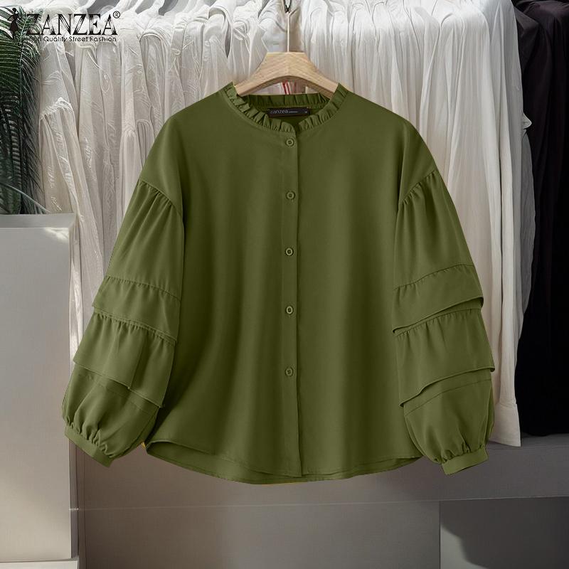 ZANZEA Cămăși cu mânecă lungă cu volan, vară, cu gât rotund