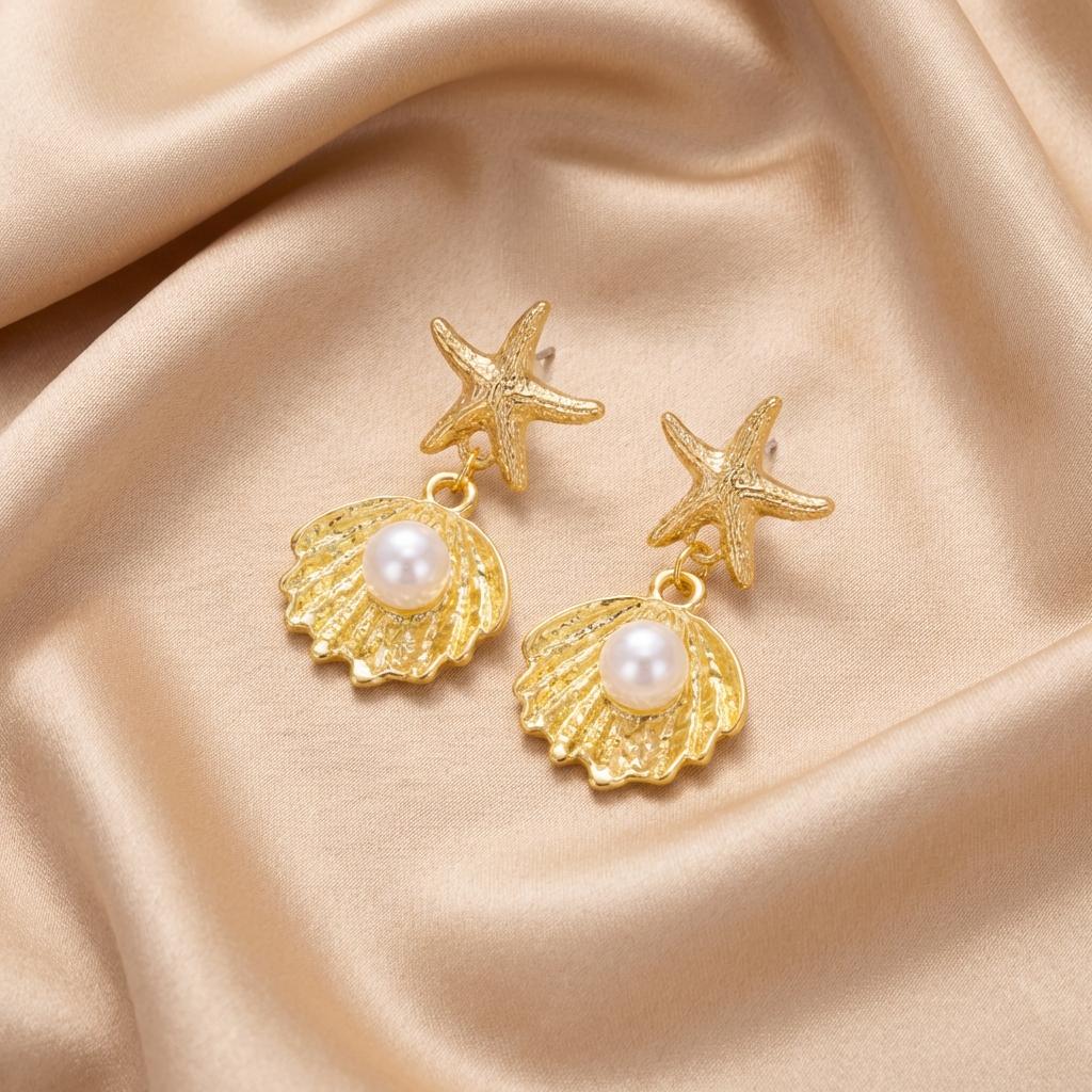 Boho Gold Color Starfish Shell Statement Earrings for Women Imitation Pearl Minimalist Summer Beach Vacation Fashion Jewelry
