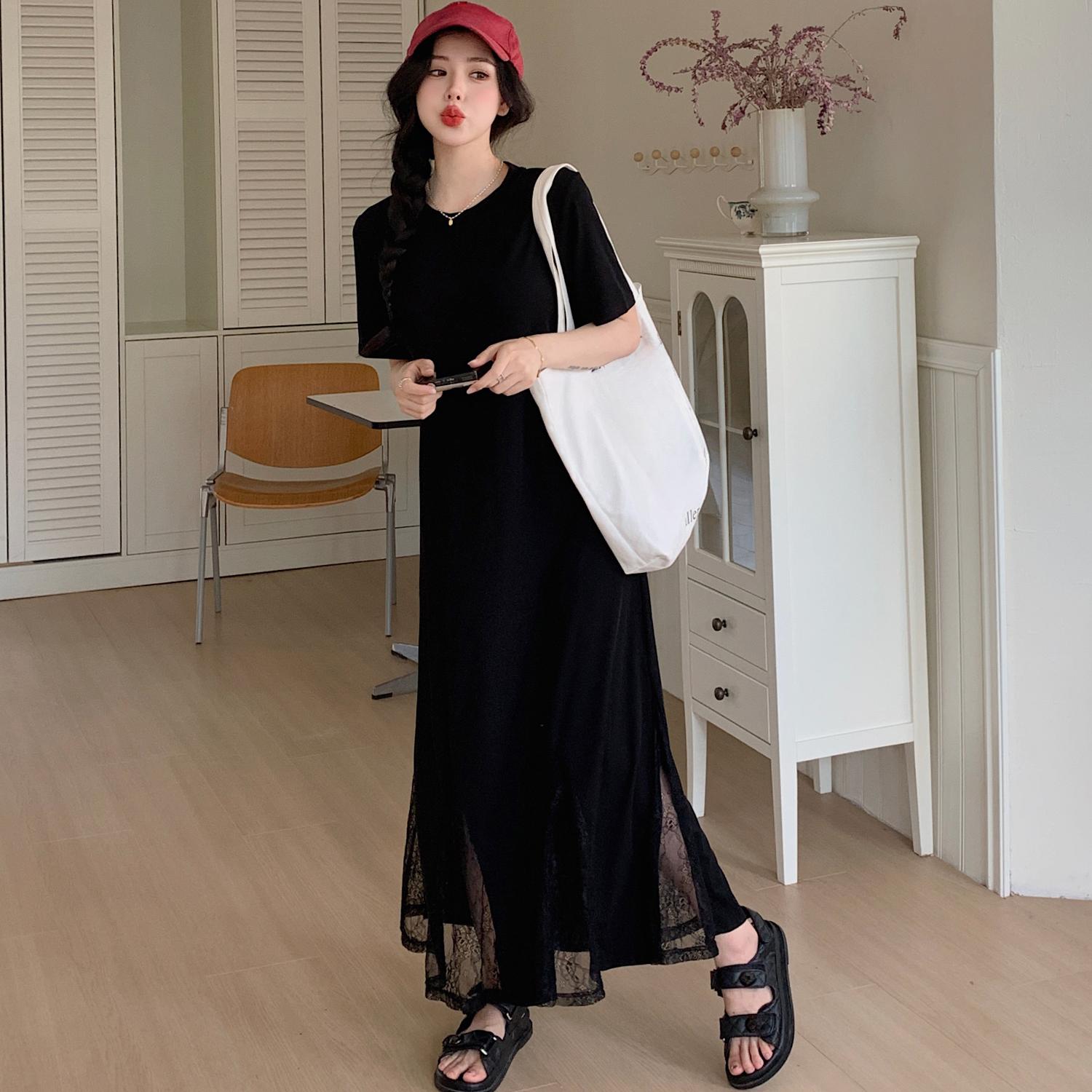 

Dimanaf Женское летнее платье-рубашка больших размеров с коротким рукавом, свободного покроя, свободного покроя, 2025 года, кружевное свободное платье, новое плиссированное 3XL чёрный