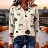Women's Casual Long Sleeve Knit Top with Halloween Print and Lapel Collar