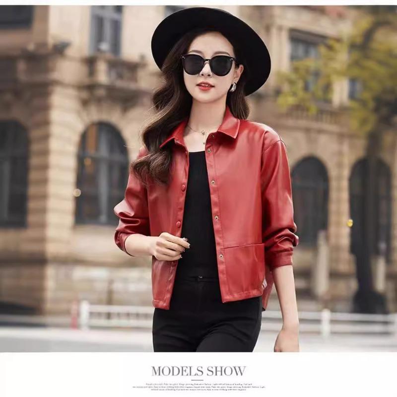 Women's Leather Jacket Spring and Autumn Korean Style PU Leather Jacket Loose Short Motorcycle Leather Jacket