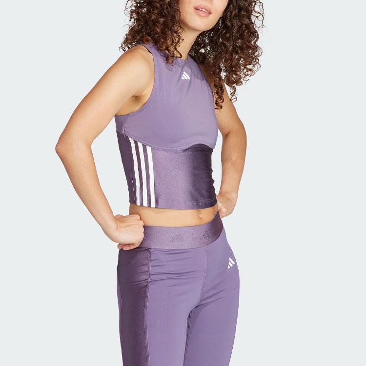 Adidas Hyperglam Shine Crop Tank Top With Logo Stripe Round Neck Quick-Dry Sports Fitness Vest Women Tops Dark-Grey Violet IN6822