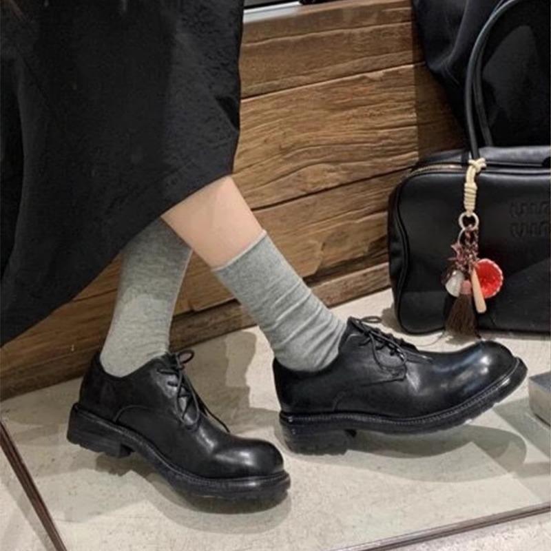 Washed Horse Leather~ Genuine Leather Retro British Lace-up Small Leather Shoes Women's Autumn and Winter New Derby Thick Heel Single Shoes