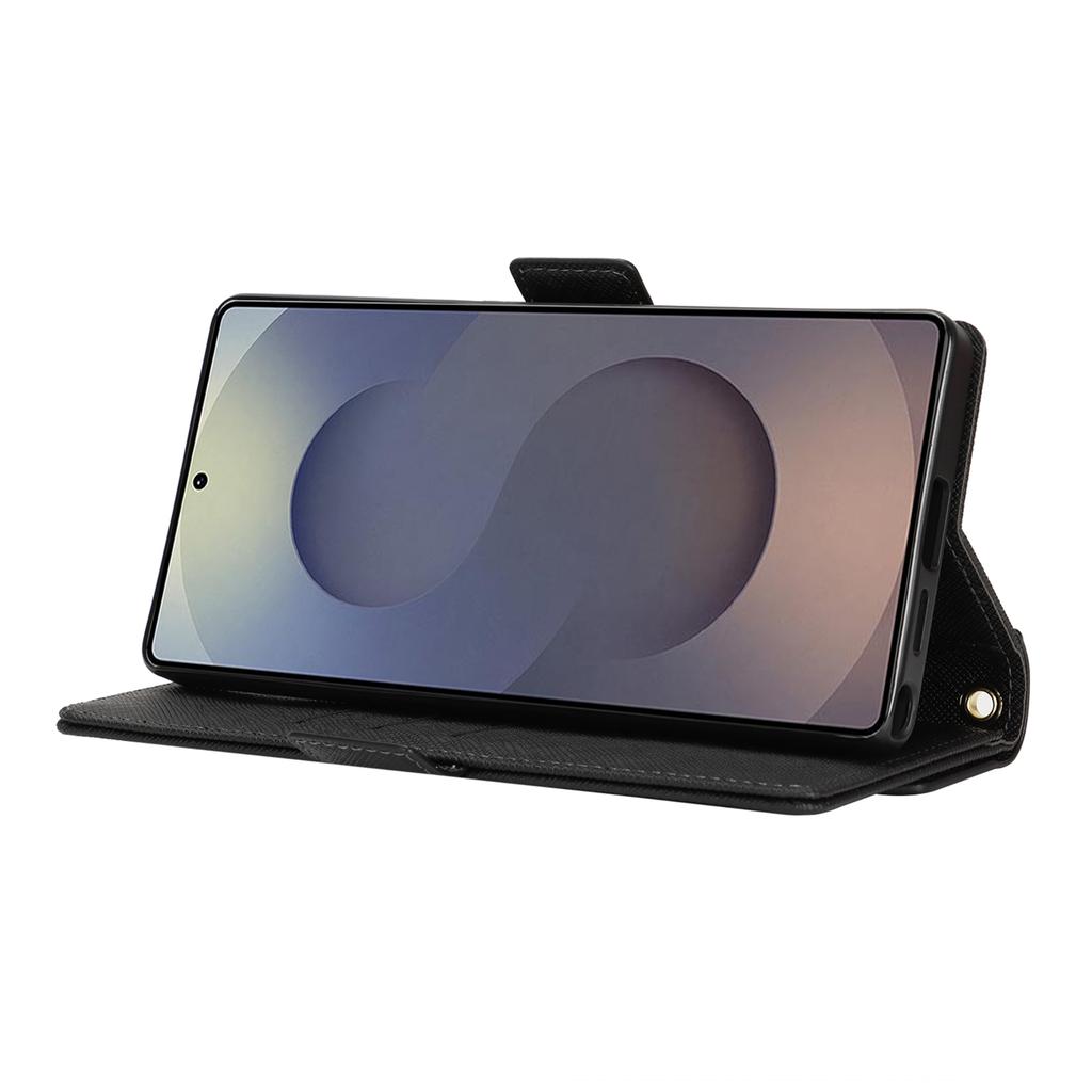 For Samsung Galaxy S25 Ultra Stand Case Cross Texture PU Leather Wallet Phone Cover with Shoulder Strap/Makeup Mirror