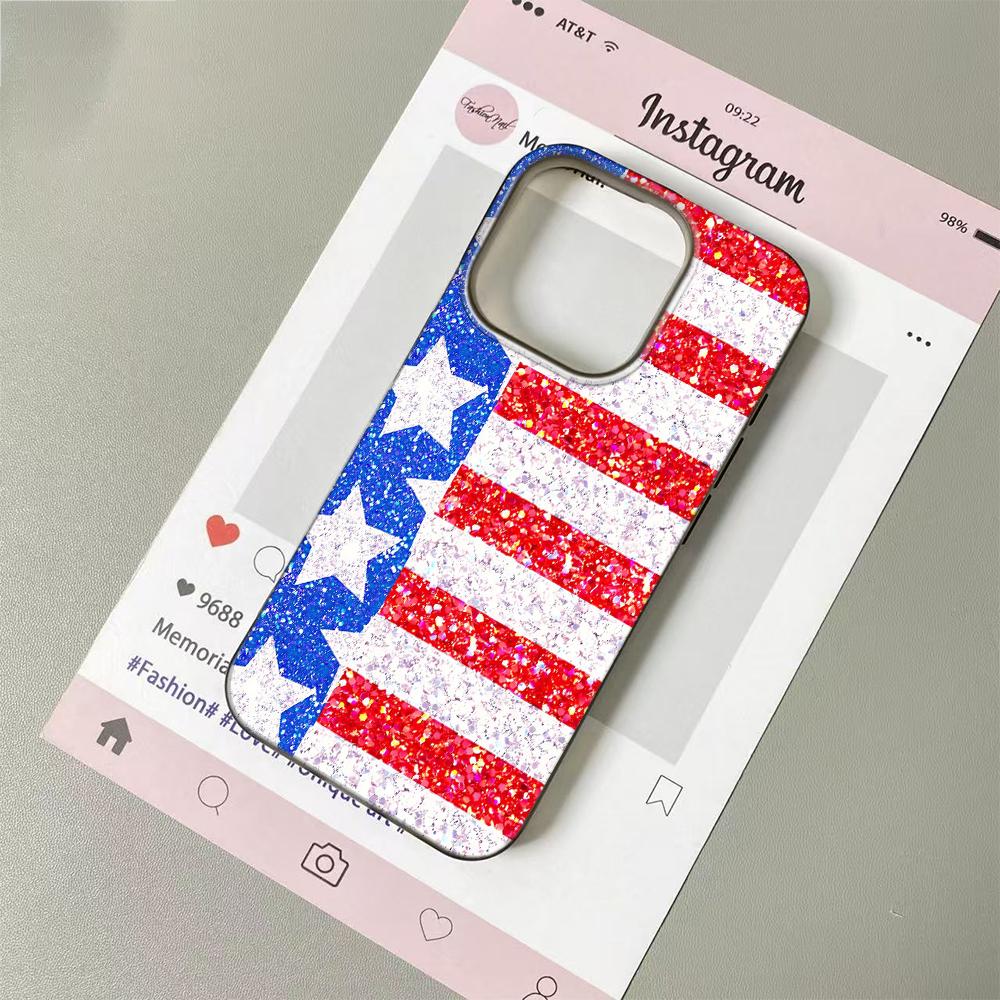 American Flag Phone Case for iPhone 17 16 15 14 Plus 13 12 11 Pro Max Glitter Studded Patriotic USA Flag Design Shockproof Cover
