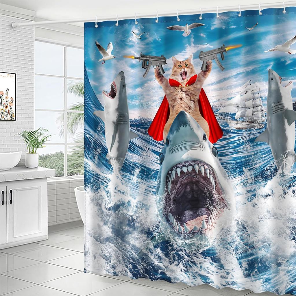 Funny Cat Riding Shark Shower Curtain Set, Kids Home Bathroom Decor Polyester Waterproof Fabric Bath Curtain with 12 Hooks