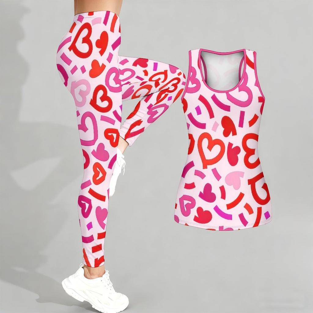 Heart Shaped Pattern Print Yoga Outfit for Women Fashion Workout Leggings Fitness Sports Casual Yoga Set Sports Suit Valentine's Day Exclusive