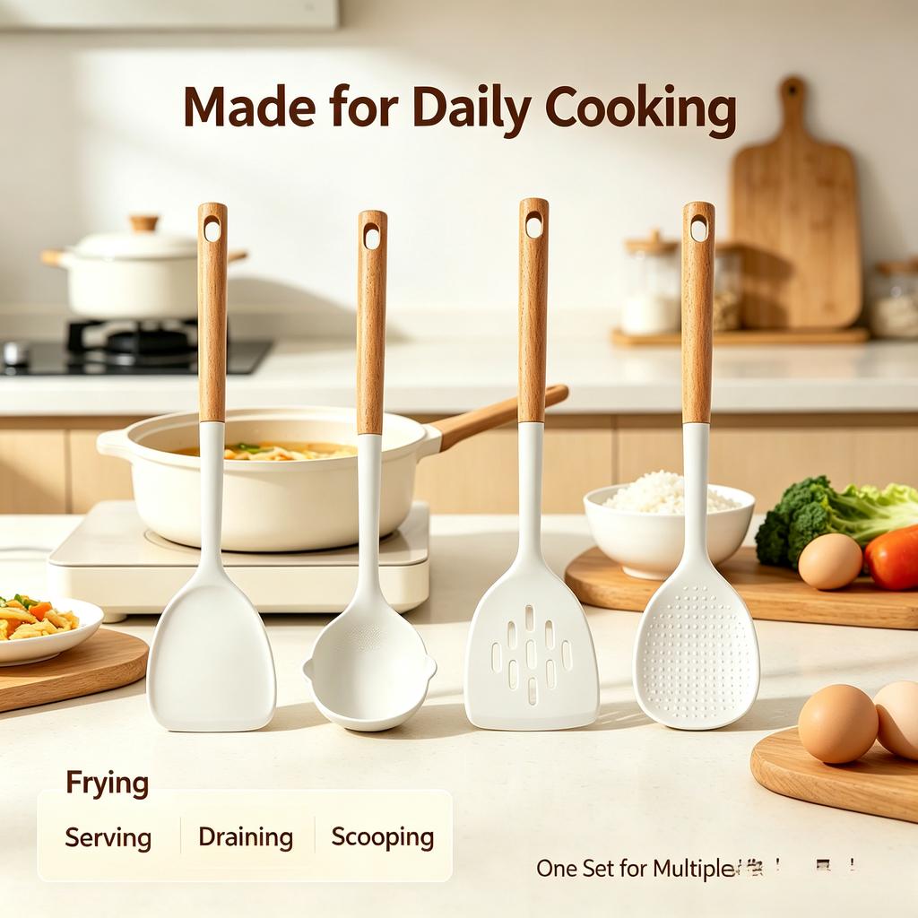 Food Grade Silicone Kitchen Utensils Set Beech Wood Handle Heat Resistant Non-Stick Cookware Spatula Spoon Whisk Tongs