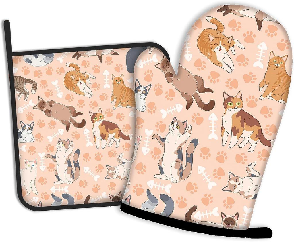 Cute Cats Kitten Oven Mitts and Pot Holders Kitchen Cooking Gloves 2 Pcs Set Heat Resistant Pad for Baking BBQ Home Decor