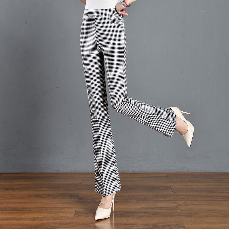 2024 Summer Women's Black & White Plaid Slim-Fit Stretchy Micro-Flare Pants with Elastic Waist