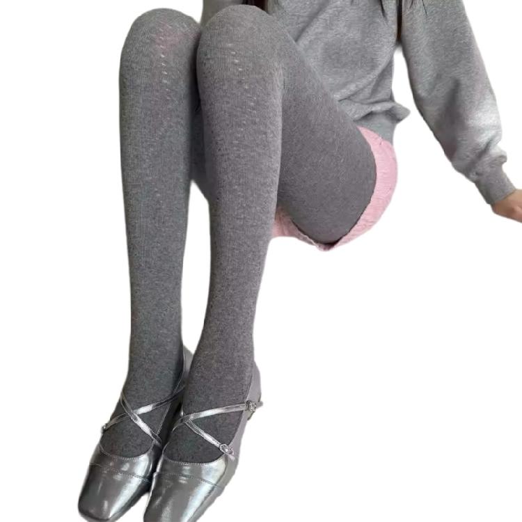 Women Hollowed Plaids Pattern Stockings Cotton Pantyhose Solid Color Winter Opaque Tights Bottoming Leggings Hosiery
