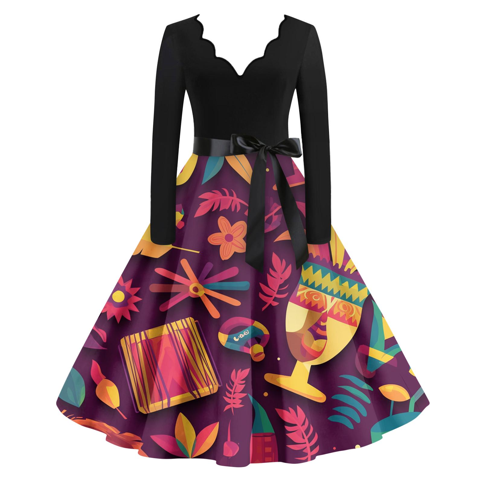 

Женское повседневное модное платье с V-образным вырезом и длинным рукавом с принтом в винтажном стиле XL