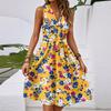Vestido midi casual feminino primavera e verão, decote em V, sem mangas, cintura, estampa floral