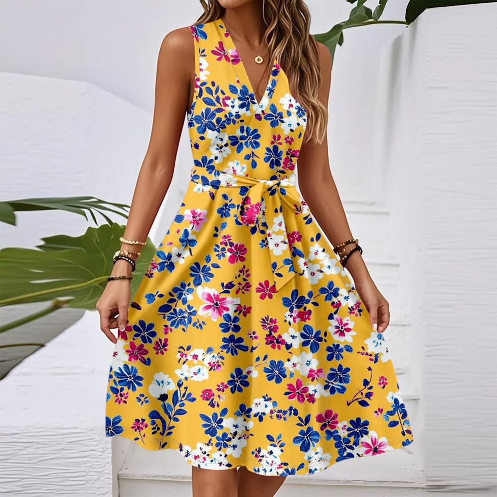 Vestido midi casual feminino primavera e verão, decote em V, sem mangas, cintura, estampa floral