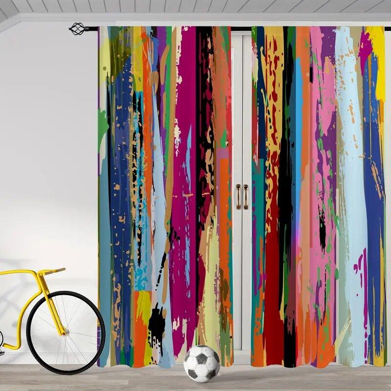 2pcs -A beautiful multi-color combination print curtains, pole bag curtains, home decoration, room decoration