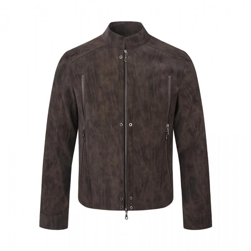 Vintage Stand Collar Slim Fit PU Leather Jacket Long Sleeve Zip Up Coat Men Women