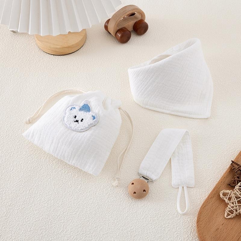 3pcs Organic Cotton Infant Bandana Bib And Pacifier Holder Combo Includes Washable Storage Pouch Baby Shower Gift Set