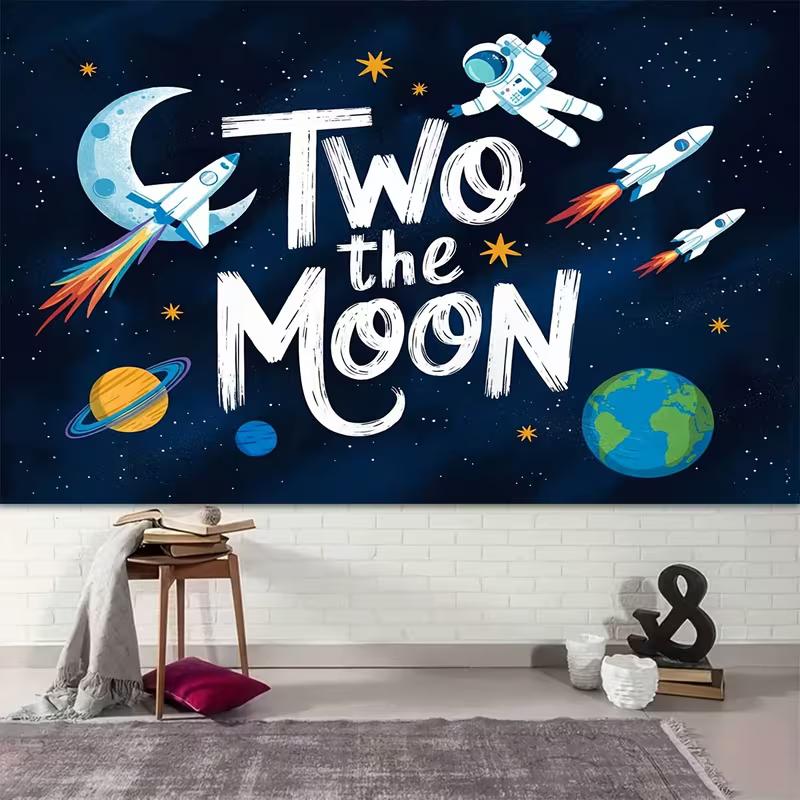 2D Outer Space Astronaut & Rocket Backdrop "Two the Moon" Birthday Photo Booth