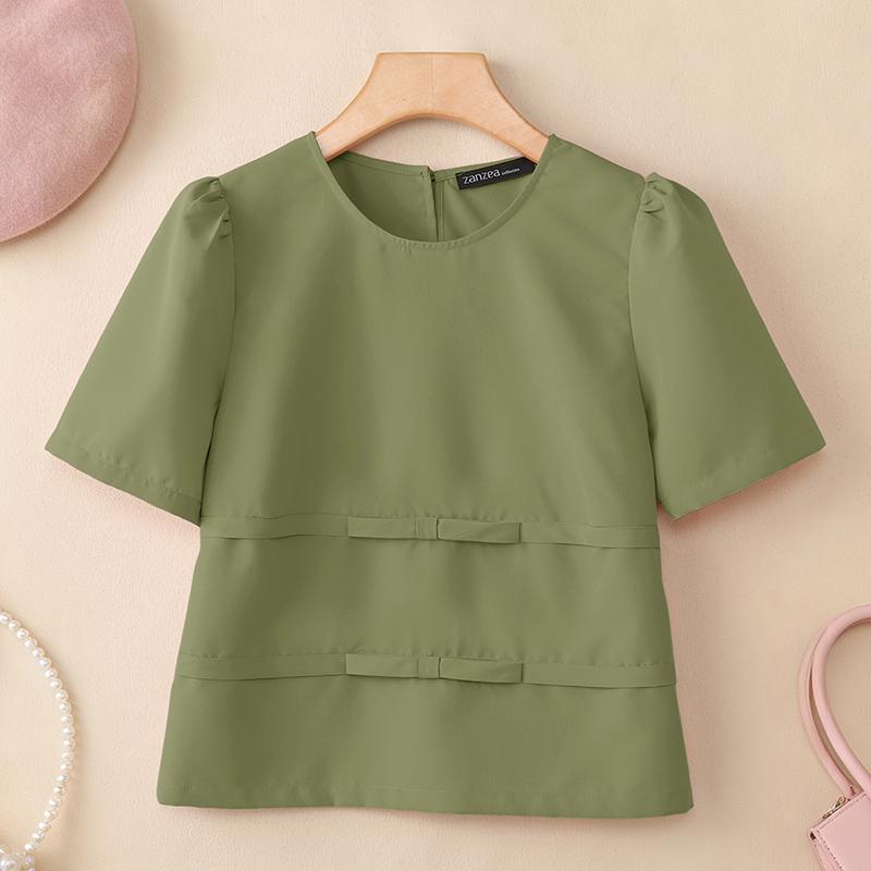 ZANZEA Women Casual Round Neck Solid Color Loose Half Sleeve Blouse