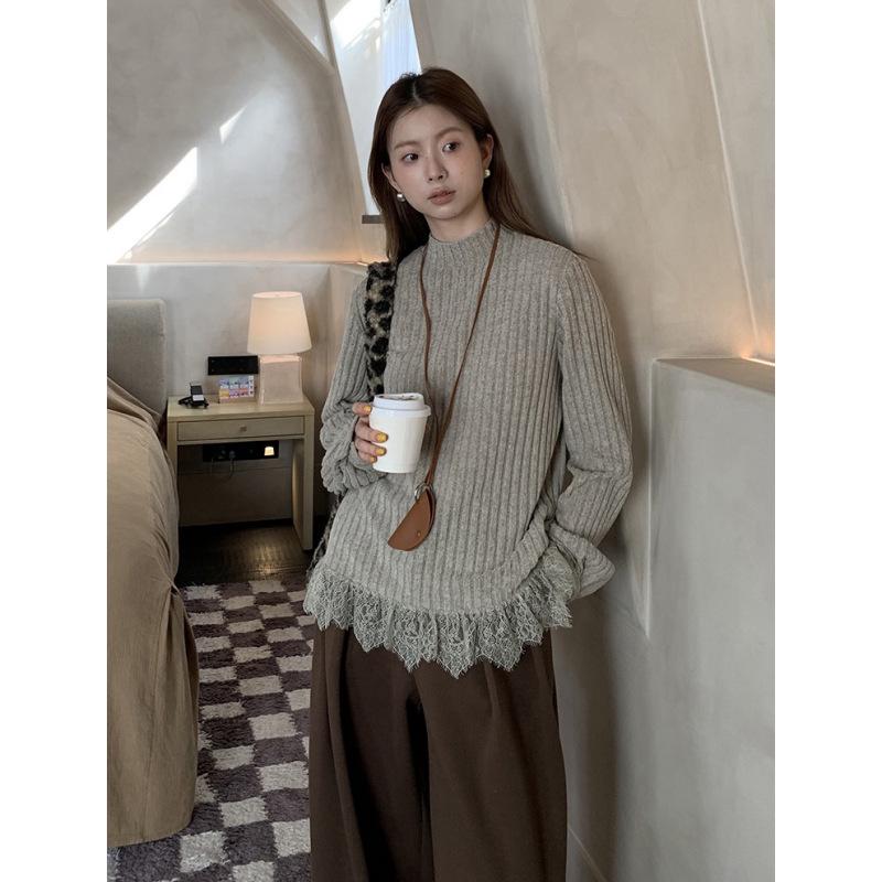 

Korean Lace Patchwork Long Sleeve Women s Top - Autumn/Winter Half-High Collar Button Design Small