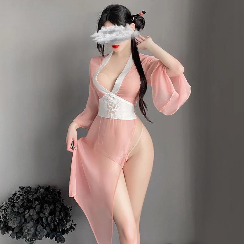 Women Sexy Lingerie Hanfu Dress Cosplay Costume Deep V Erotic See-through Pink Chinese Ancient Style Temptation Dresses