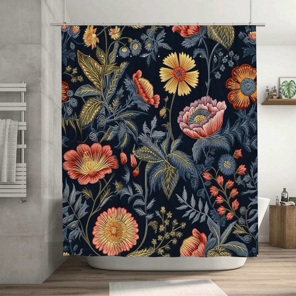 Colorful Floral Shower Curtain Blue Navy with Pink Orange Yellow Red Flowers Decorative Water-Resistant Bath Rug Shower Panel Ho