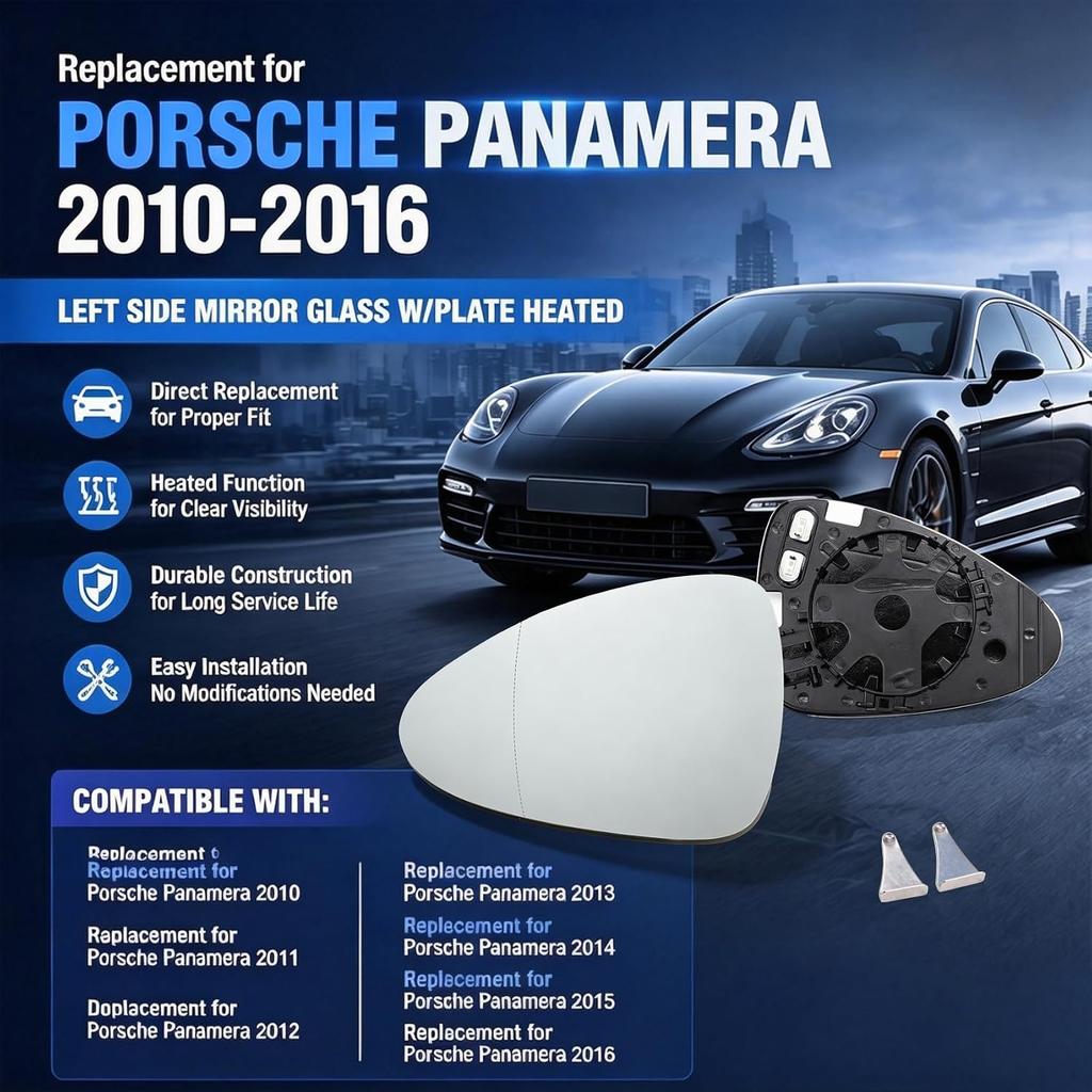 Left Side Mirror Glass Heated Replacement for Panamera 2010-2016 | W/Plate 97073103505 97073103503 97073103509 97073103505