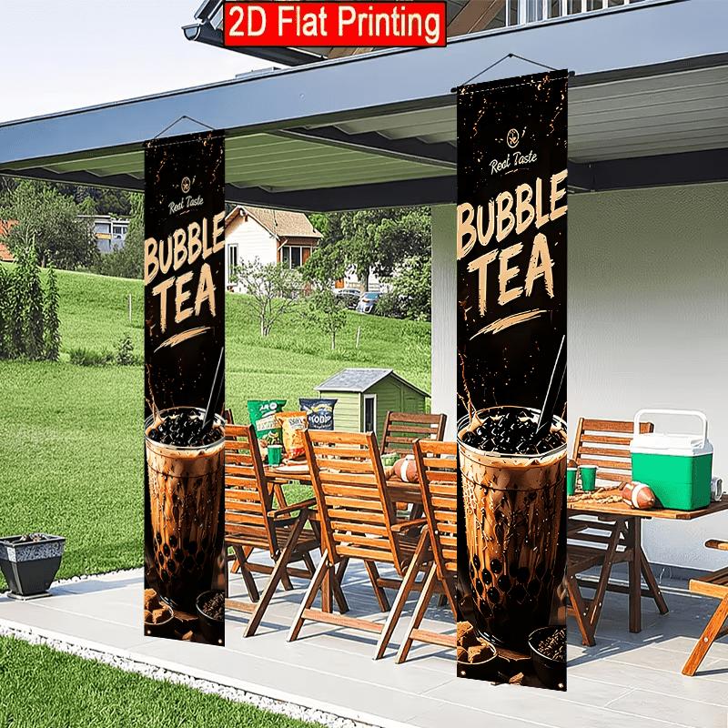 2D Flat, 2pc2D Flat Boba Milk Tea Themed Porch Banner, 30.48x179.83 cm Polyester Door Couplet, Pearl Milk Tea Design, Suitable for Store Advertising,