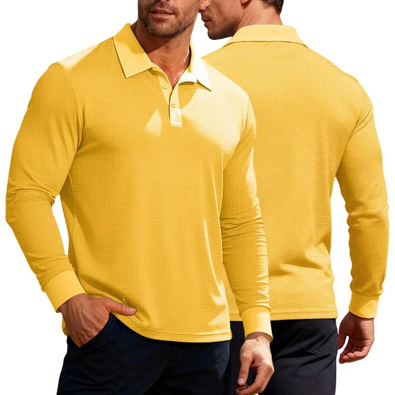 

Spring Autumn Long Sleeve Lapel Polo Shirt Men Casual Button Collar Holiday Wear Men s Waffle T-Shirt Fashionable Polos 3XL жовтий