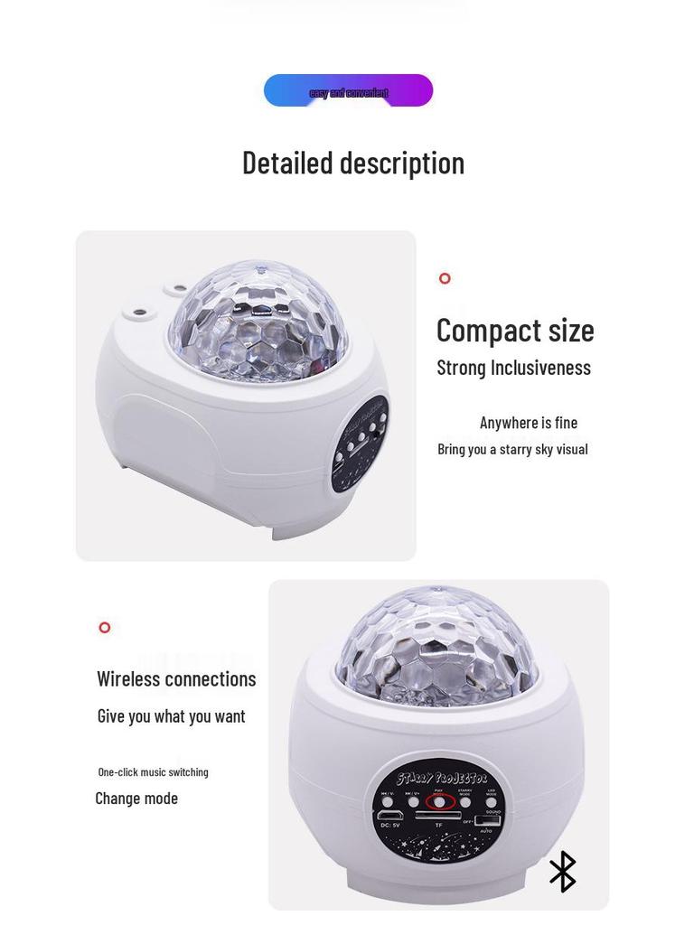 Bluetooth Starry Sky Projector: LED Water Wave, Laser Stars, Colorful Night Light, Creative Gift Lamp