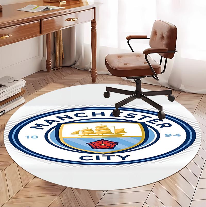 Manchester City FC Pattern Round Rug, Indoor/Outdoor Mat, for Picnic, Gameroom, Bedroom, Office, Living Room, Home Decor Carpet, Birthday Gift