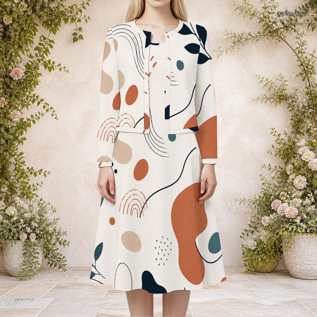 Women Plus Size Printed Round Neck Long Sleeve Cropped Cardigan Sleeveless Midi Dress Two Piece Set