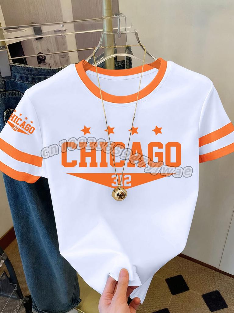 2026 Womens Short Sleeve Color-Block CHICAGO NO.32 Print Y2k T Shirt Girl Round Neck Tee Outdoor Sports Adult Women's T-Shirt