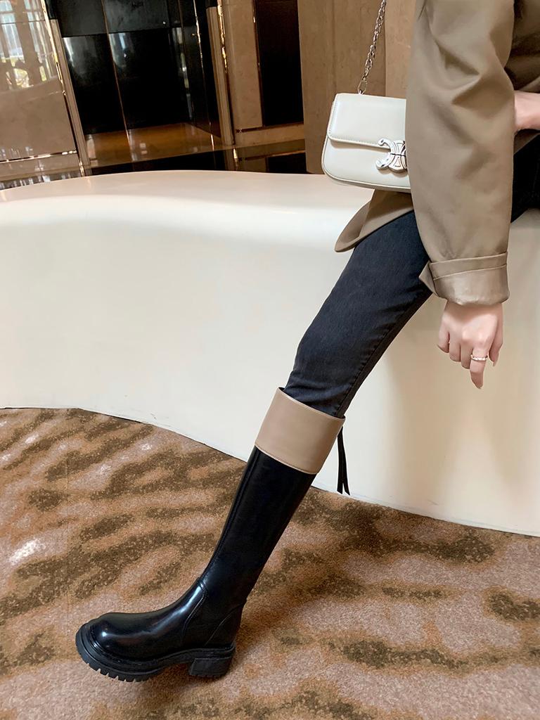 In stock! Grape mother has the same color matching fashion round head thick sole thick heel knight boots for women's autumn and winter boots in 2025