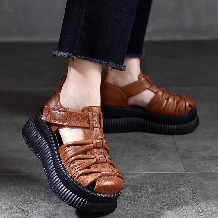 Women's Personalized New Women's Sandals with Thick Sole and Raised Sponge Sole, European and American Style Comfortable Large Leather Roman Shoes