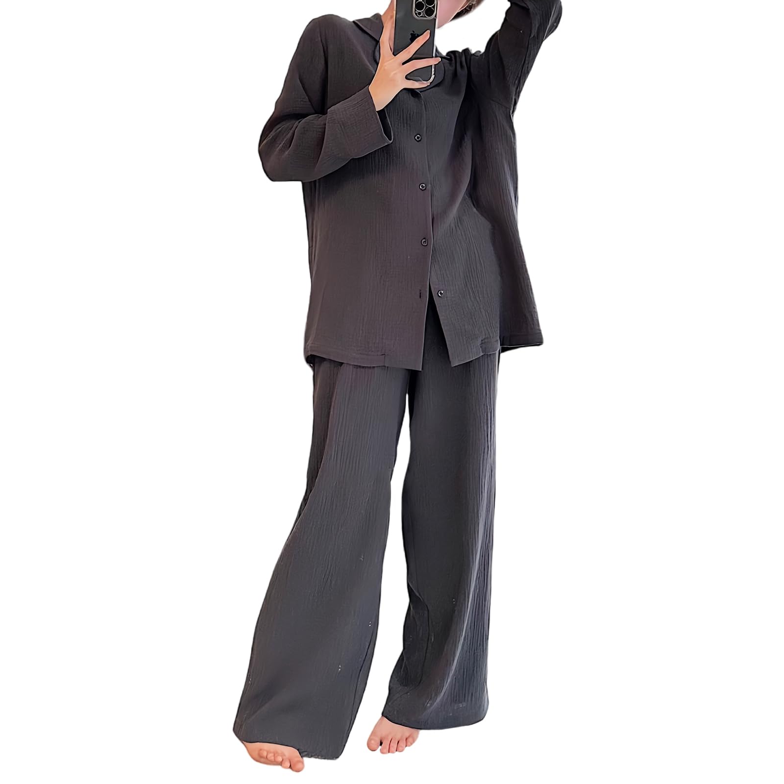 

DayaEmmoTQ Thin Lapel Long Korean Warm and Pajama Set with and Simple Design for Cold Weather Wear Women s Open-Front Pajamas, Pajamas, Sleeves,